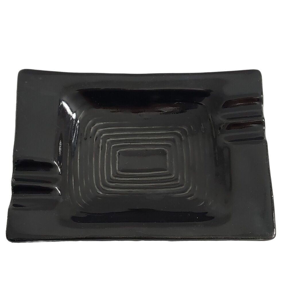 Vintage Black Ashtray Mid Century Modern Barware Cigarette Holder Ceramic Tray